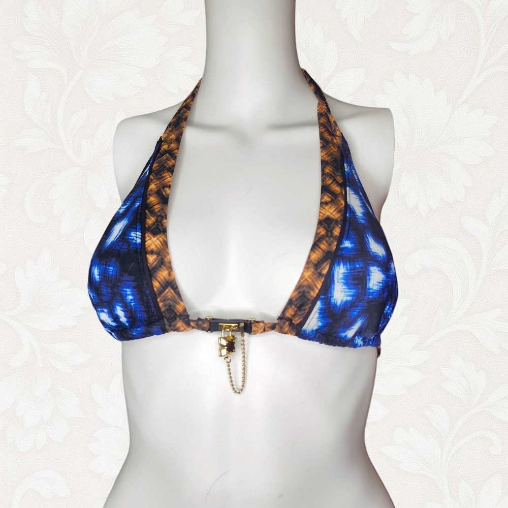 BCBGMAXAZRIA Bikini Top XS – Y2K Blue Print w/ Gold Padlock Detail